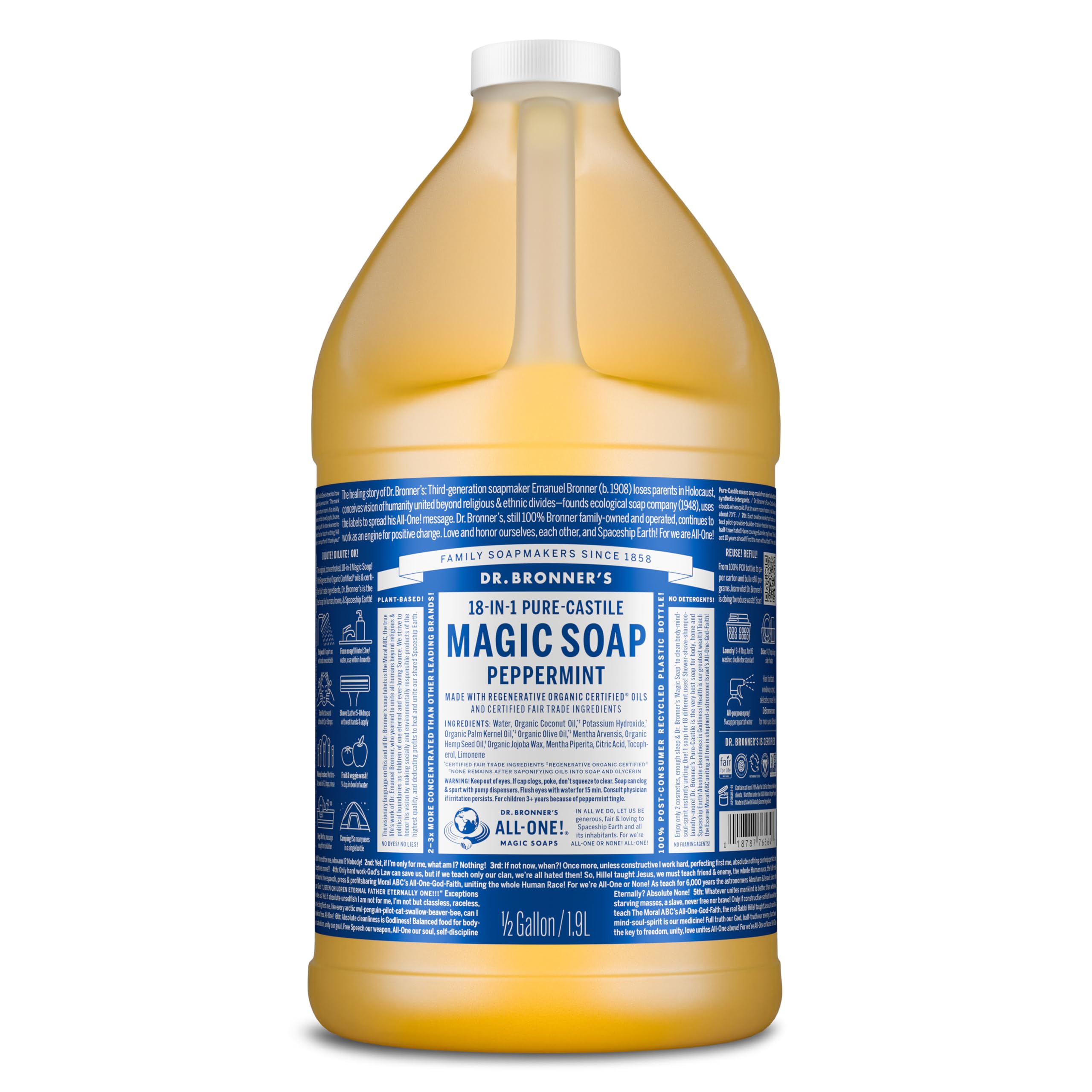 Dr. Bronner's Peppermint 64oz bottle with eco-friendly packaging, ready for all-purpose cleansing