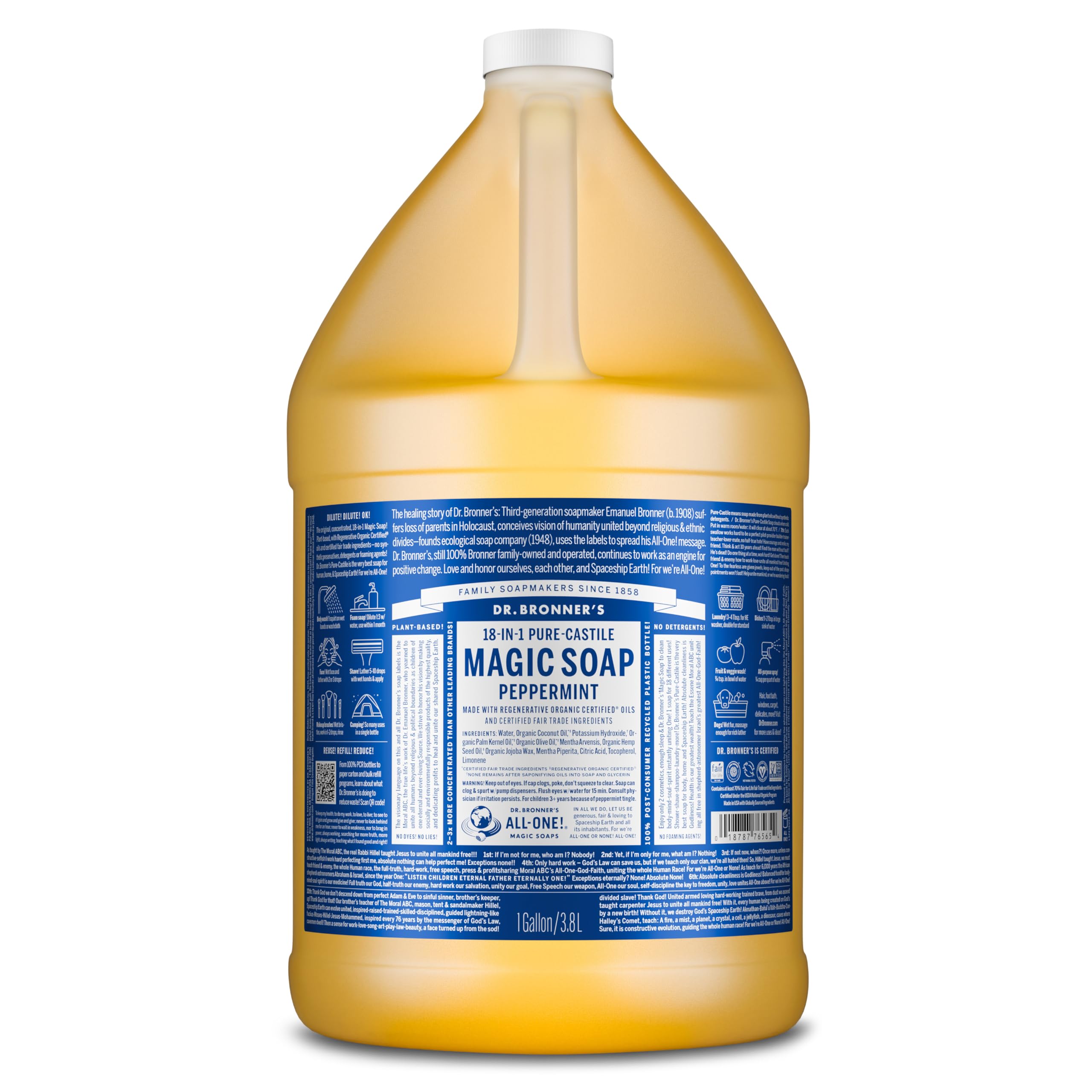Dr. Bronner's Peppermint Pure-Castile soap bottle front; versatile cleanser for face and body.