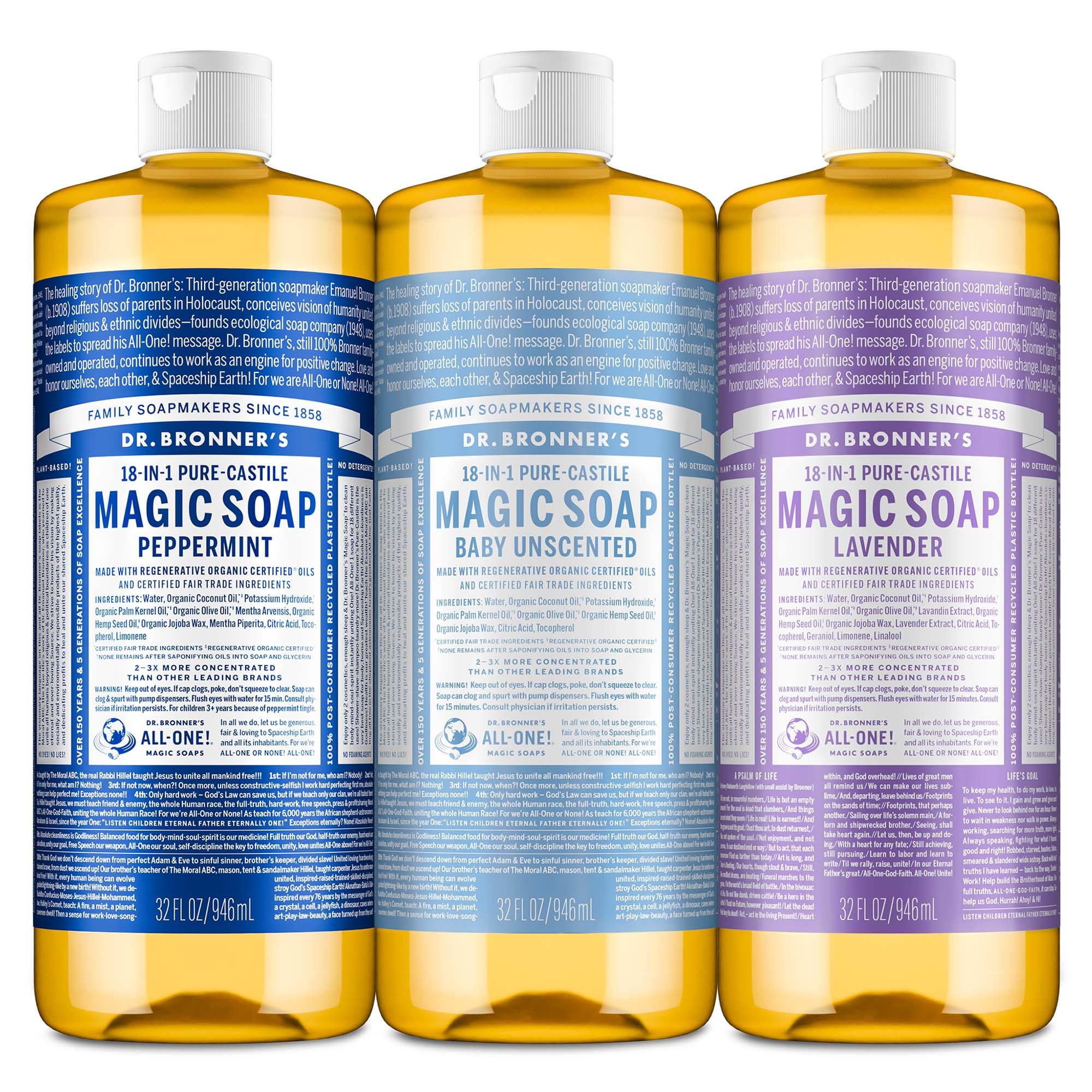 Dr. Bronner's Pure-Castile Peppermint bottle for a refreshing cleanse.