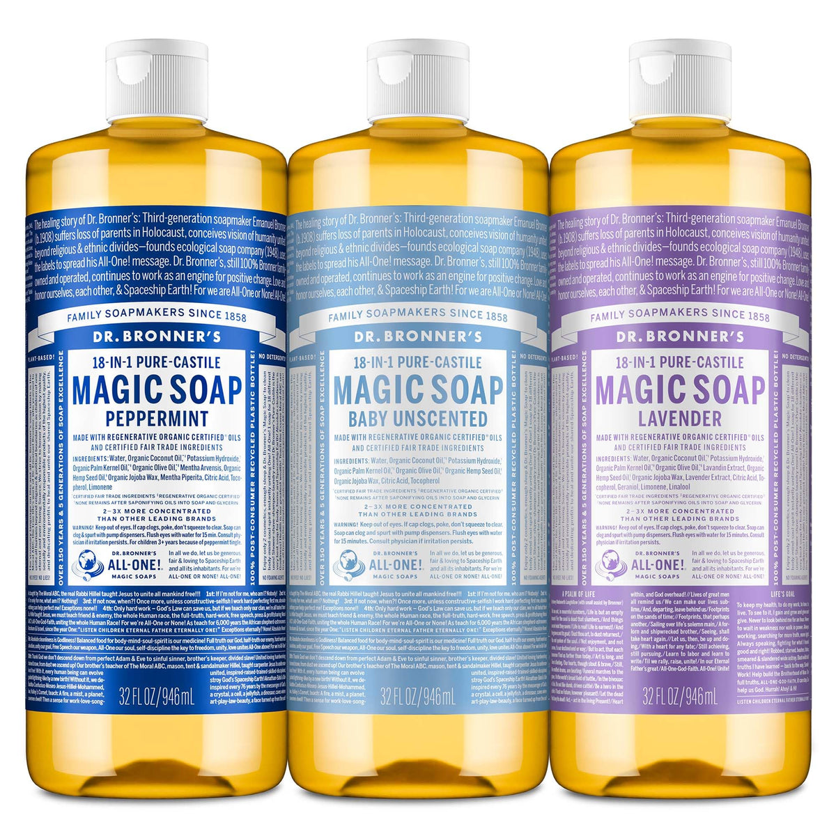 Dr. Bronner's Pure-Castile Peppermint bottle for a refreshing cleanse.