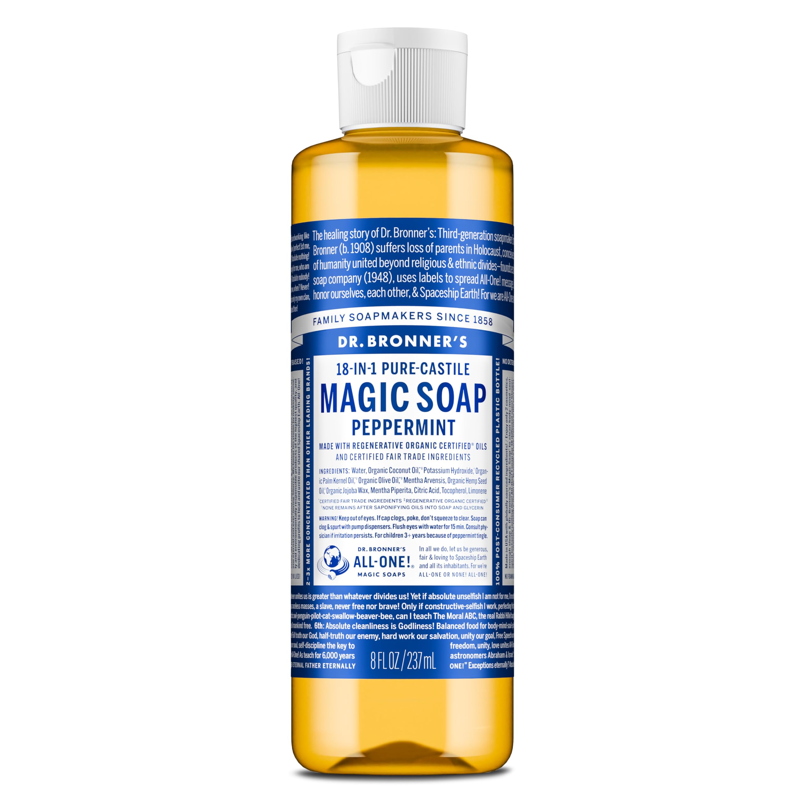 Dr. Bronner's Peppermint Pure-Castile bottle for versatile all-purpose cleaning.