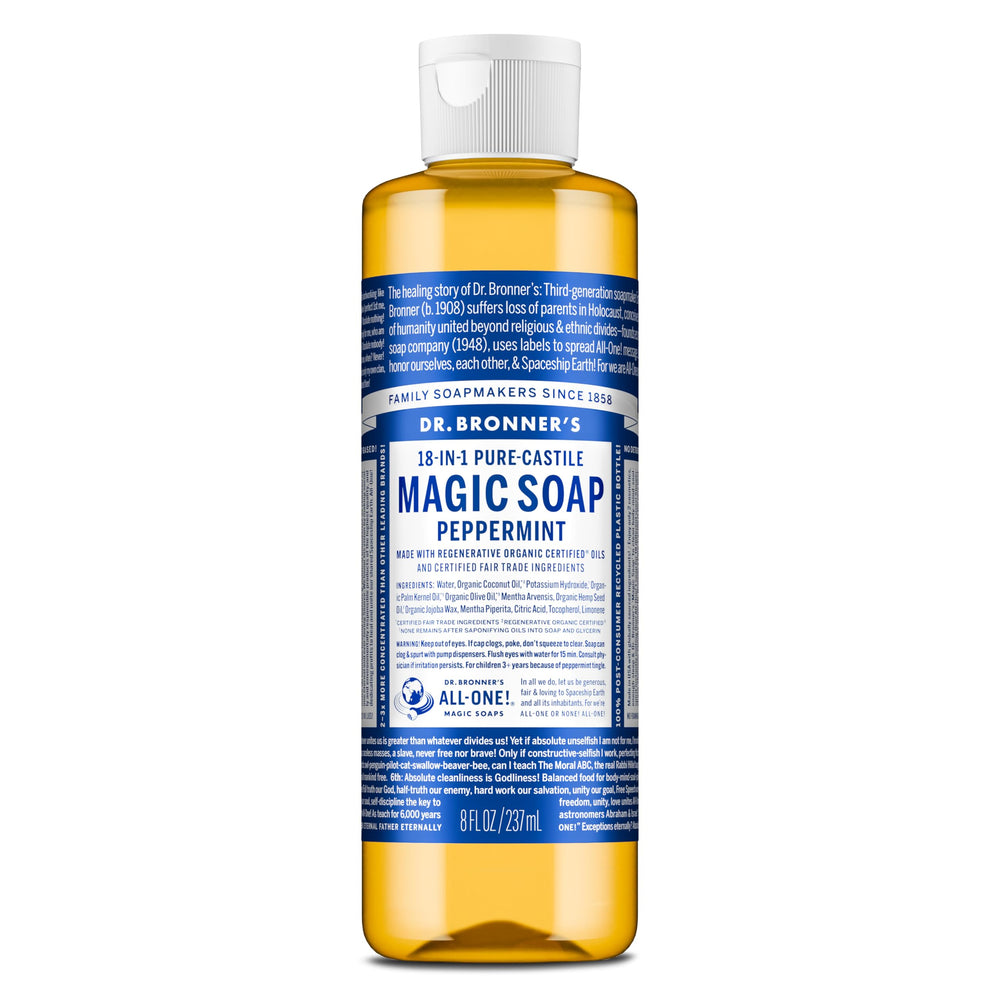 Dr. Bronner's Peppermint Pure-Castile bottle for versatile all-purpose cleaning.