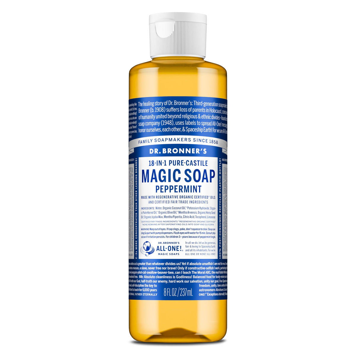 Dr. Bronner's Peppermint Pure-Castile bottle for versatile all-purpose cleaning.
