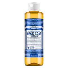 Dr. Bronner's Peppermint Pure-Castile bottle for versatile all-purpose cleaning.