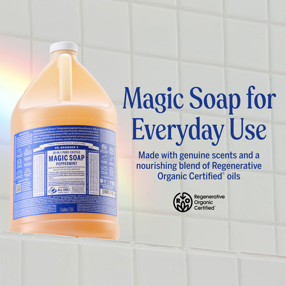 Dr. Bronner's Peppermint Pure-Castile lather; rich and refreshing for daily cleansing.