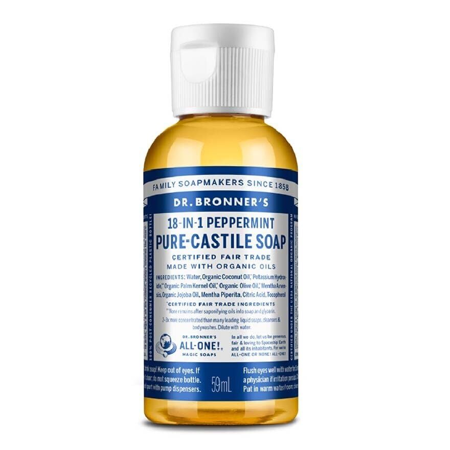 Dr. Bronner's Peppermint Pure-Castile travel bottle pour for versatile cleaning.