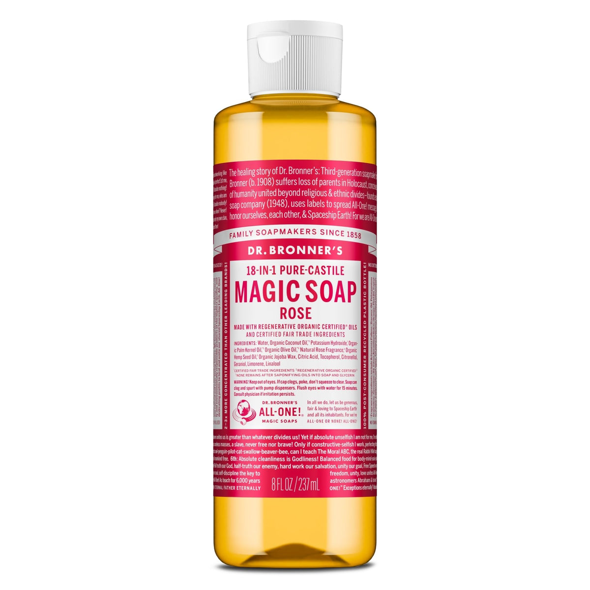 Dr. Bronner's Pure-Castile Rose bottle for multi-use cleaning