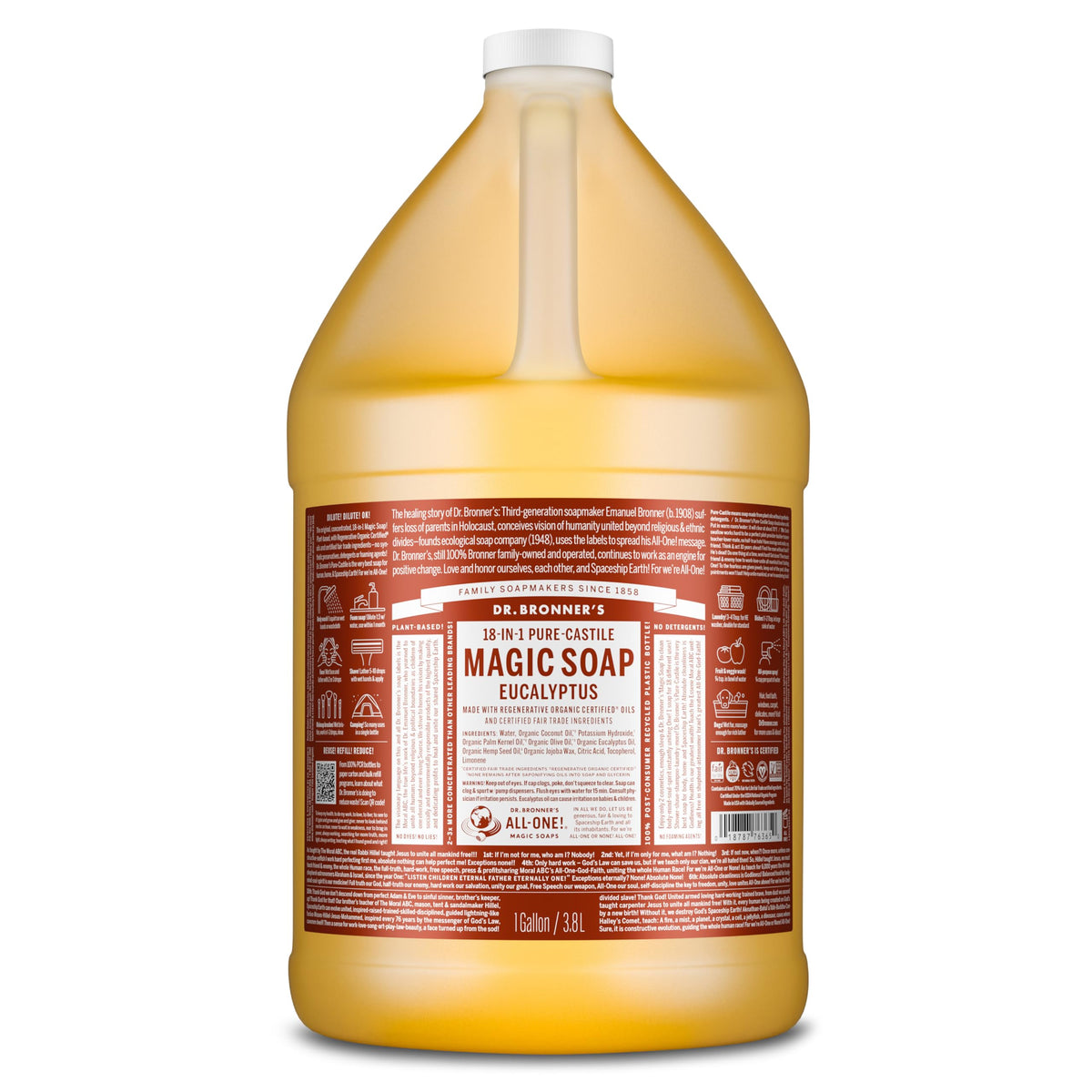 Dr. Bronner's Pure-Castile eucalyptus bottle for versatile skin and home cleaning.