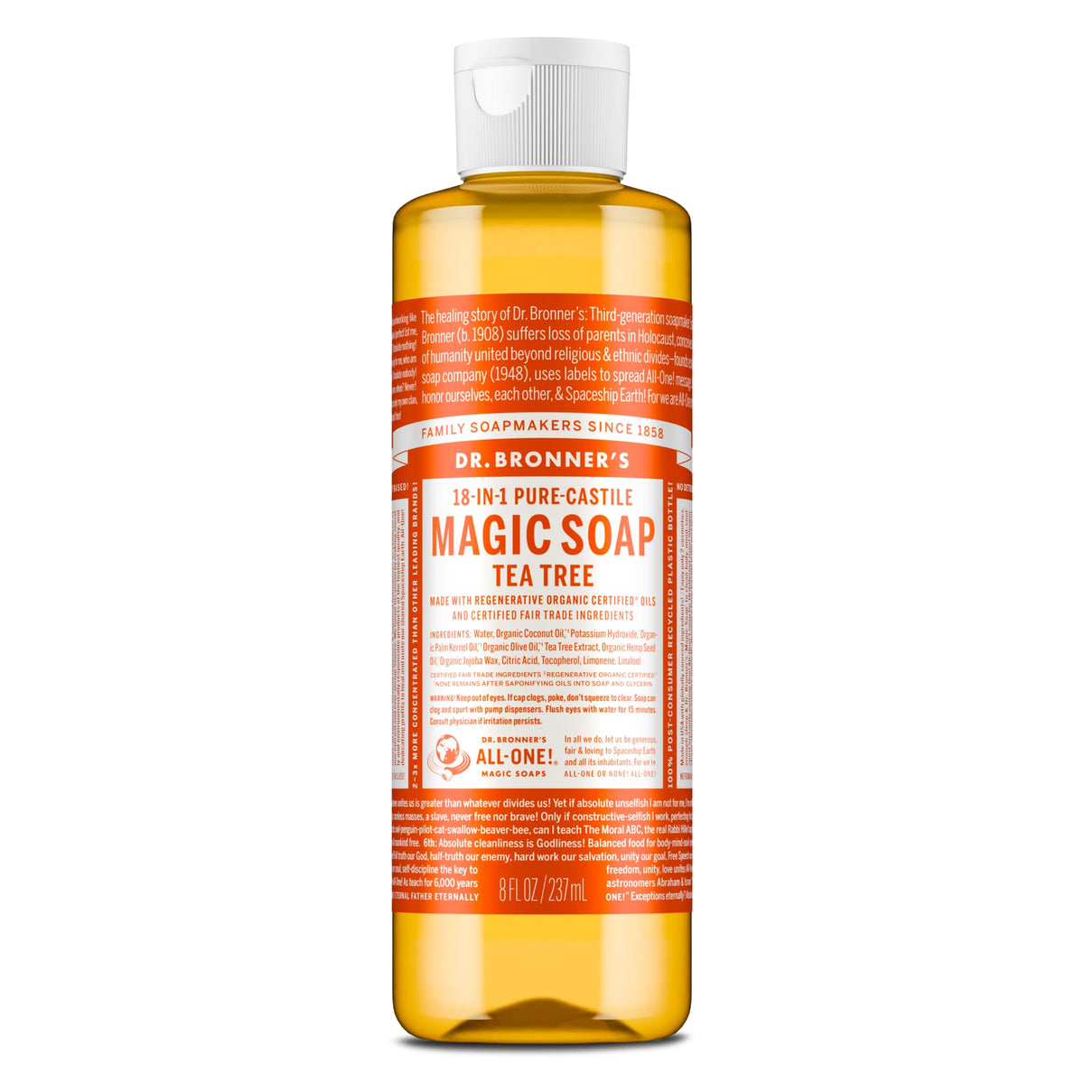 Dr. Bronner’s Jabon líquido Castile Árbol de Té: botella visible para piel sensible.