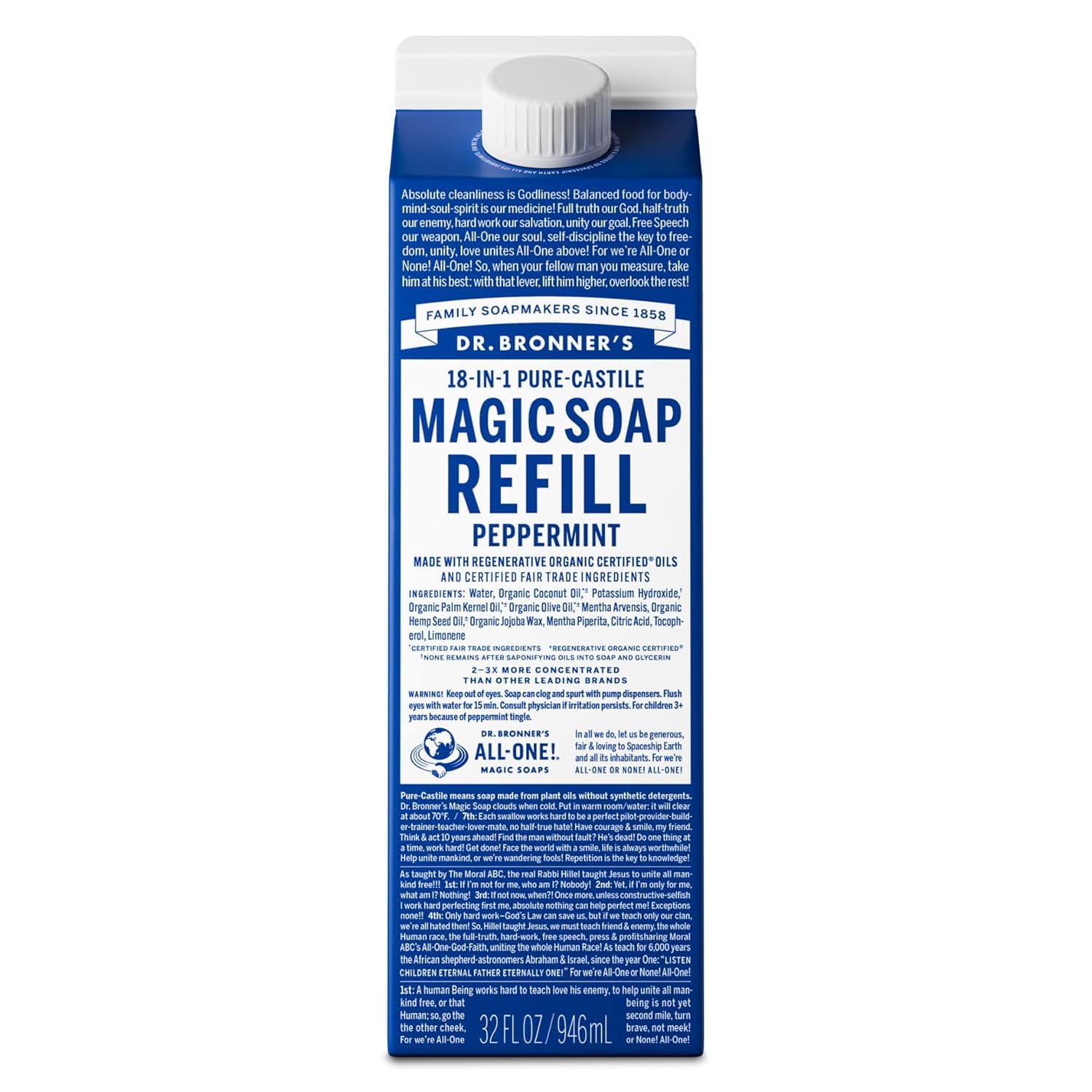 Dr Bronner's Pure-Castile Menta recarga 32oz; reducción de plástico y uso versátil.