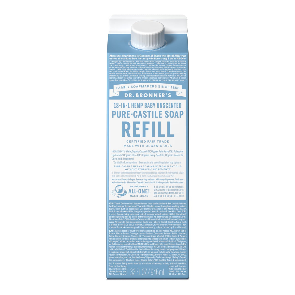 Dr. Bronner's recarga de jabón puro castile en cartón, opción sostenible para el hogar.