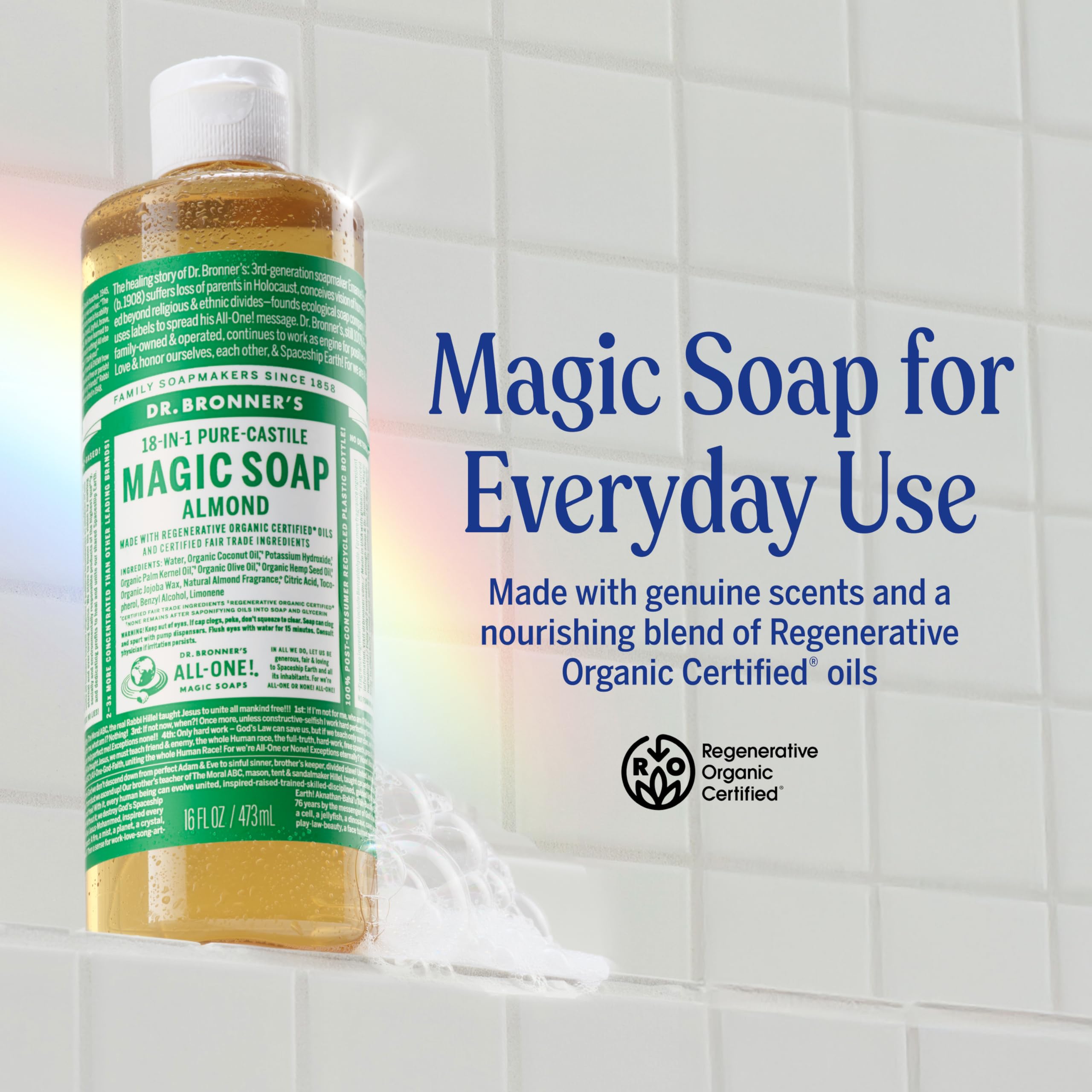 Dr. Bronner's Almond Soap showcases rich lather for skin care and cleansing.