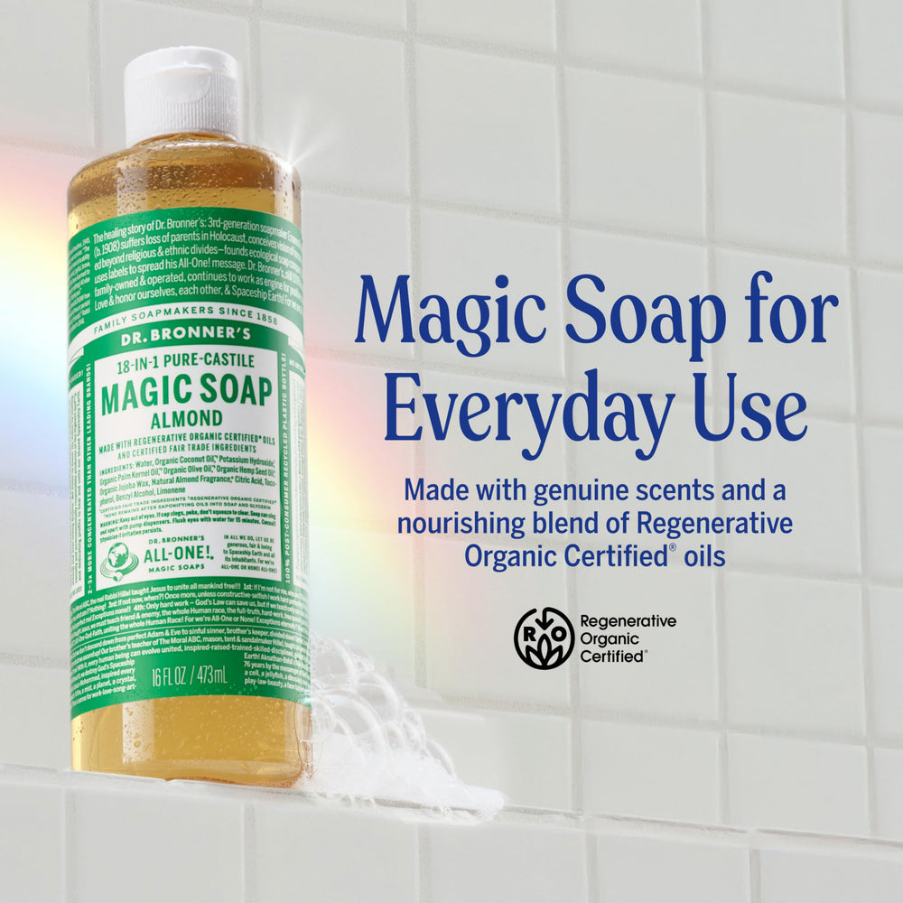Dr. Bronner's Almond Soap showcases rich lather for skin care and cleansing.
