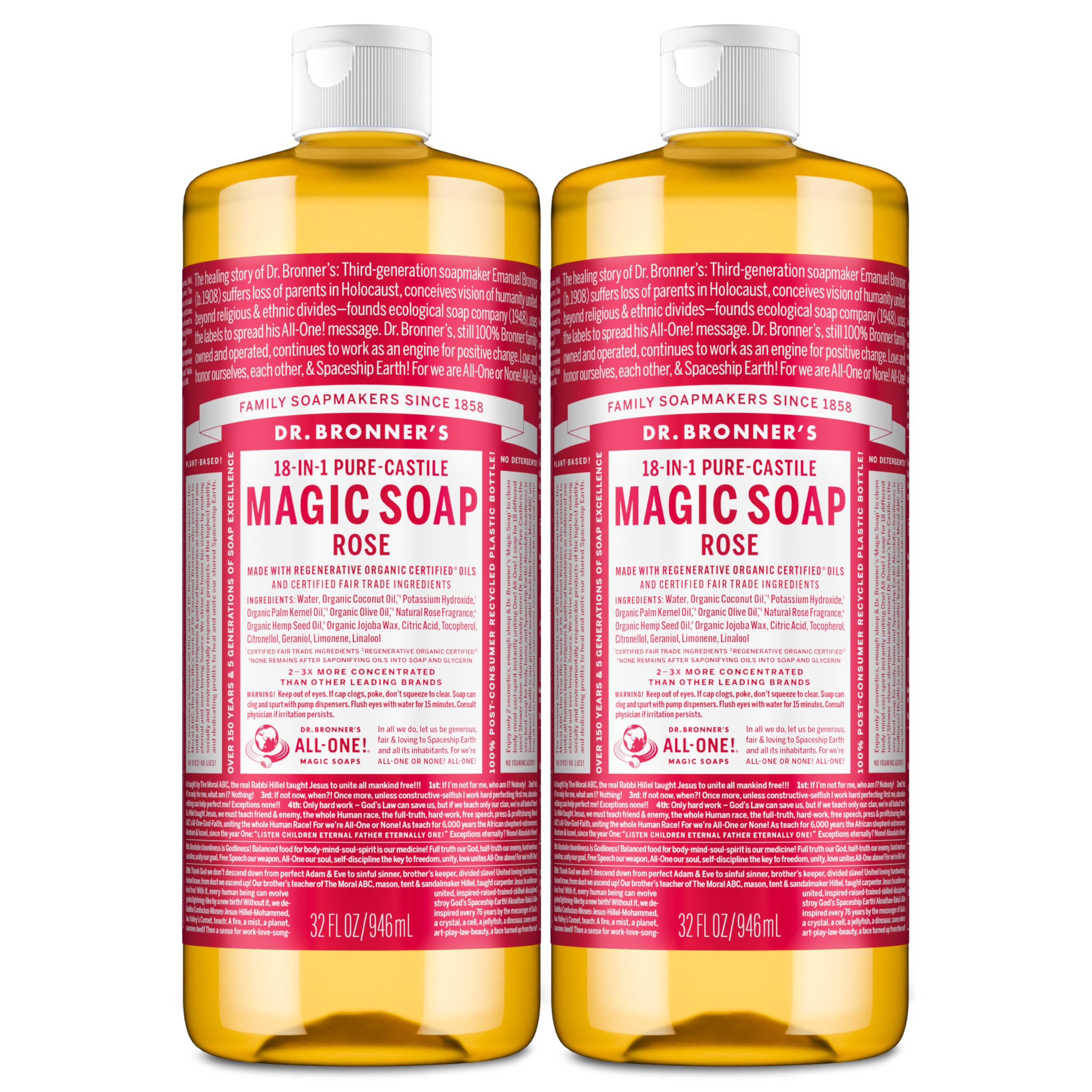 Dr. Bronner's Rose Castile soap bottle label highlights organic oils for gentle cleansing