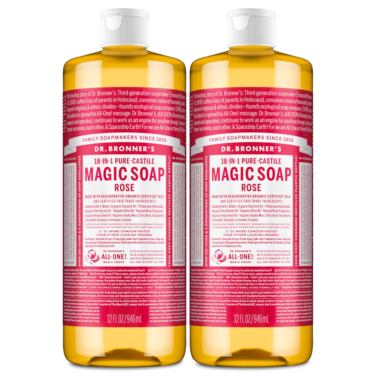 Dr. Bronner's Rose Castile soap bottle label highlights organic oils for gentle cleansing
