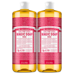 Dr. Bronner's Rose Castile soap bottle label highlights organic oils for gentle cleansing