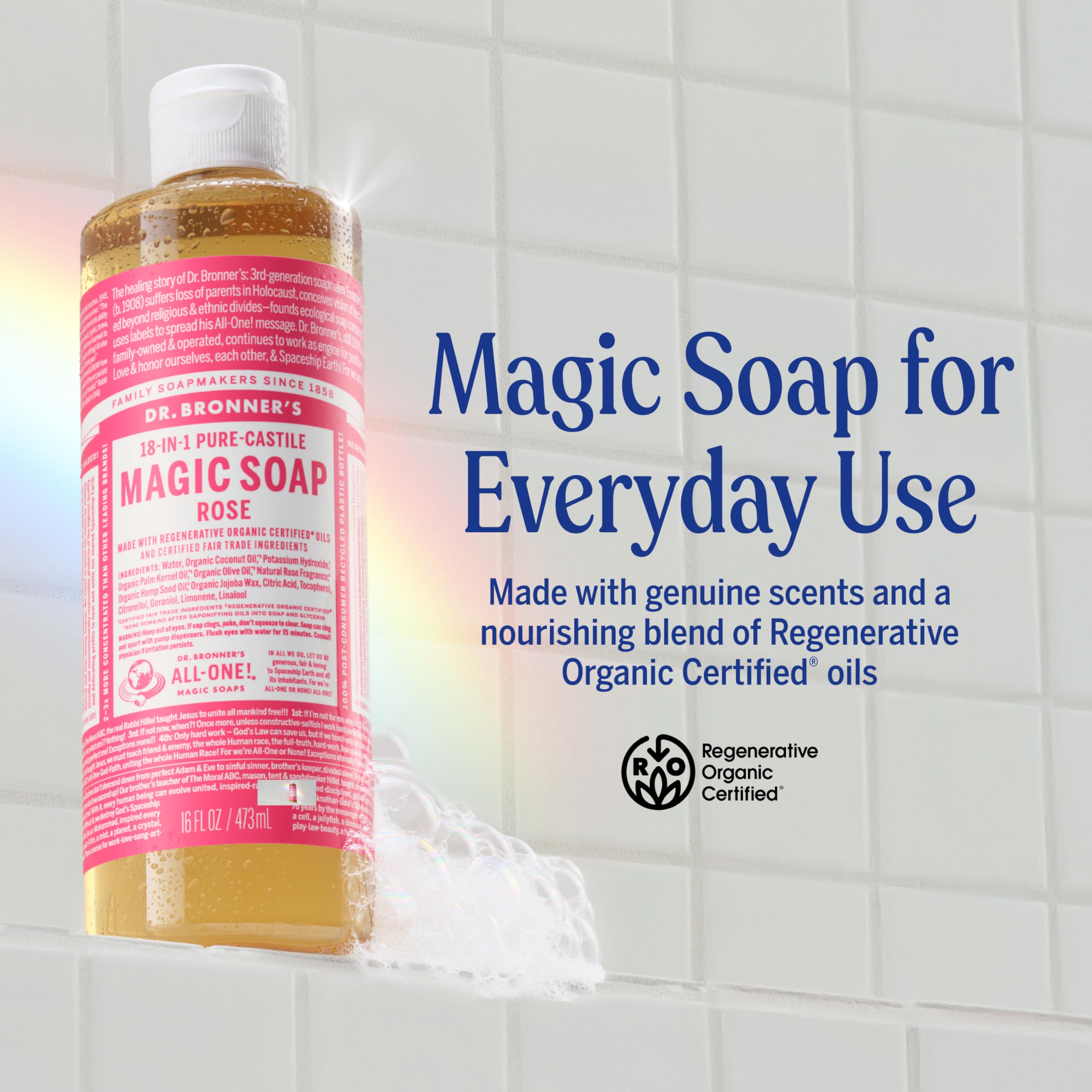 Pouring Dr. Bronner's Rose Castile soap for multipurpose cleaning