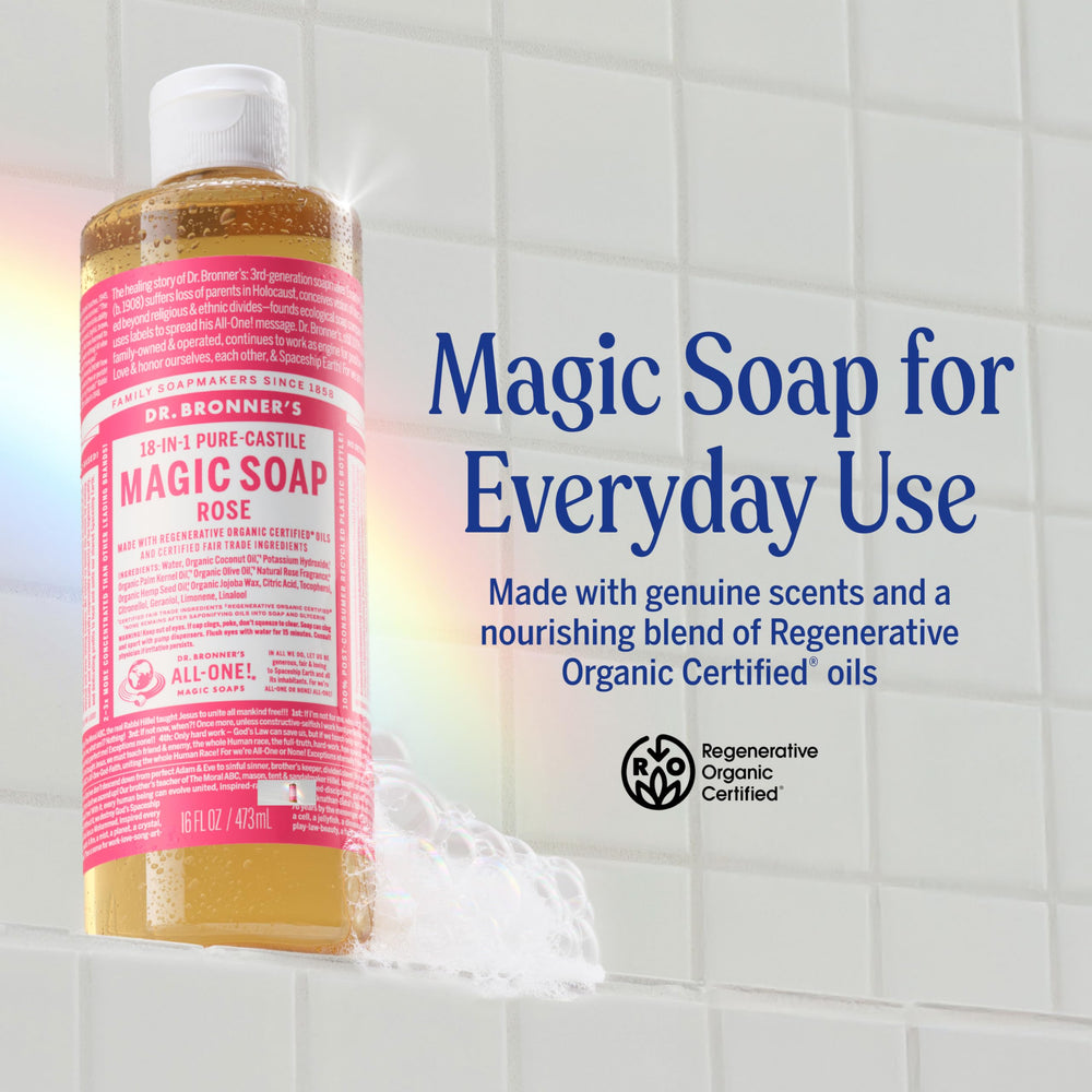 Pouring Dr. Bronner's Rose Castile soap for multipurpose cleaning