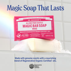 Dr. Bronner’s Rose bar ingredients display with plant-based oils for gentle cleansing.