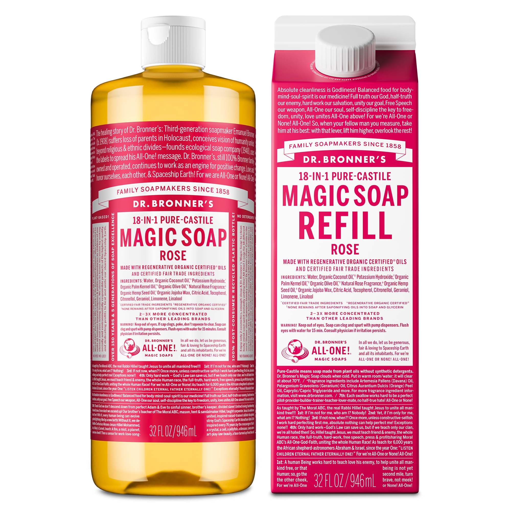 Dr. Bronner's Rose Castile Soap bottle for gentle cleansing and refreshing skin