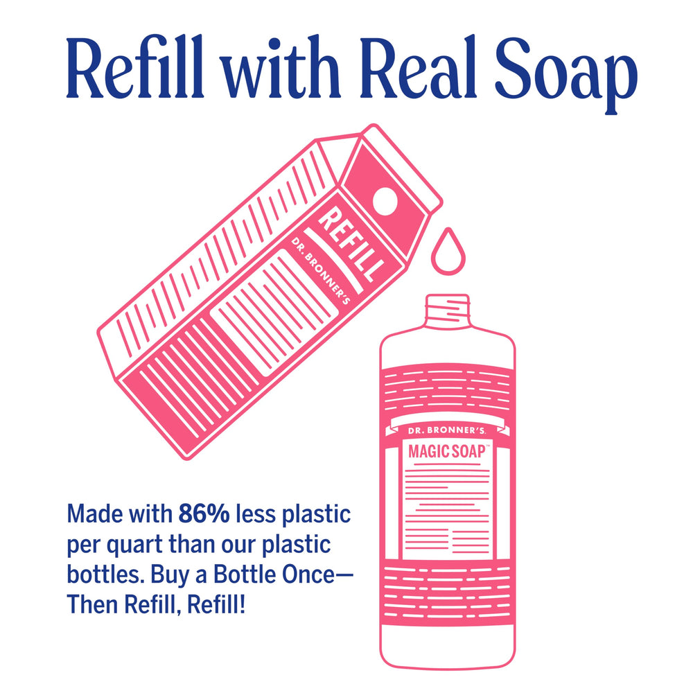 Foaming lather of Dr. Bronner's Rose Castile Soap for body, face, and hair
