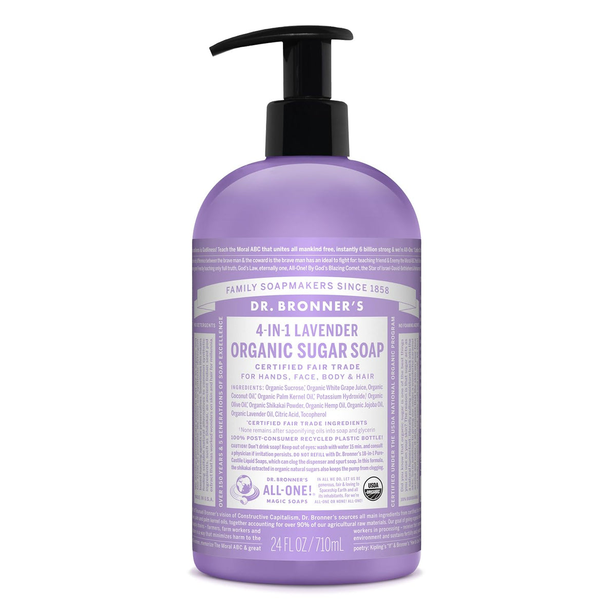 Dr. Bronner's Jabón de azúcar lavanda en botella para manos y cuerpo.