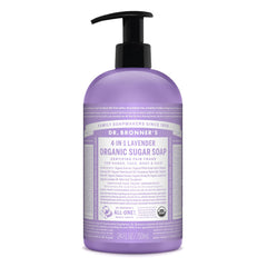 Dr. Bronner's Jabón de azúcar lavanda en botella para manos y cuerpo.