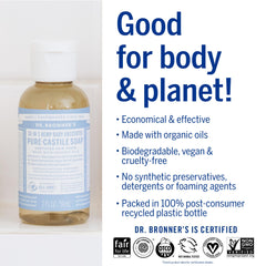Dr. Bronner's sin conservantes sintéticos, ingredientes vegetales legibles para uso diario.