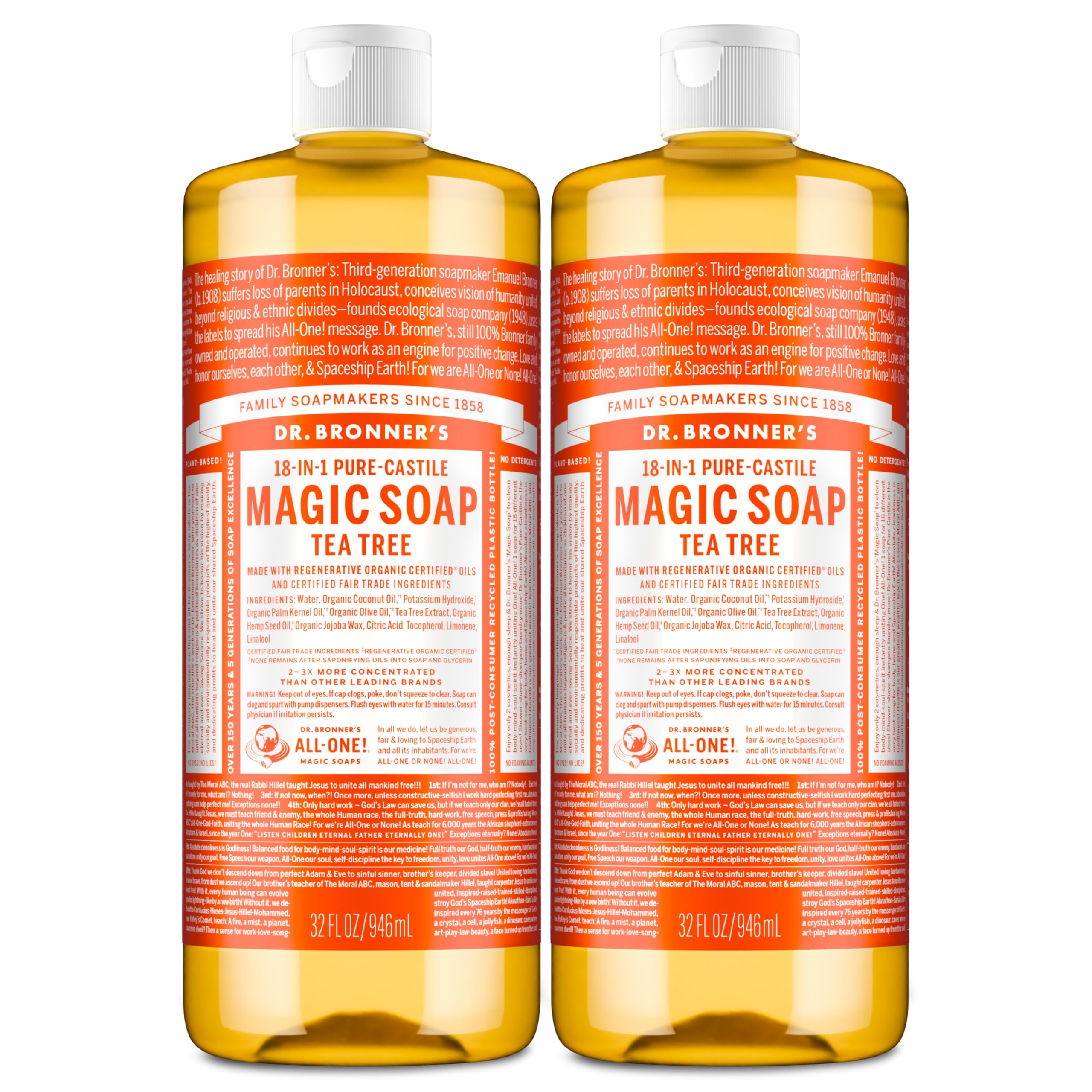 Dr. Bronner's Tea Tree liquid soap bottle closeup showing concentrated cleansing power.