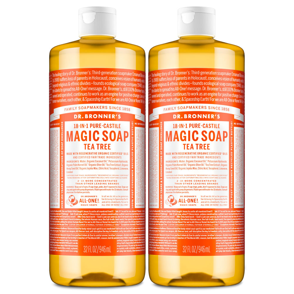 Dr. Bronner's Tea Tree liquid soap bottle closeup showing concentrated cleansing power.