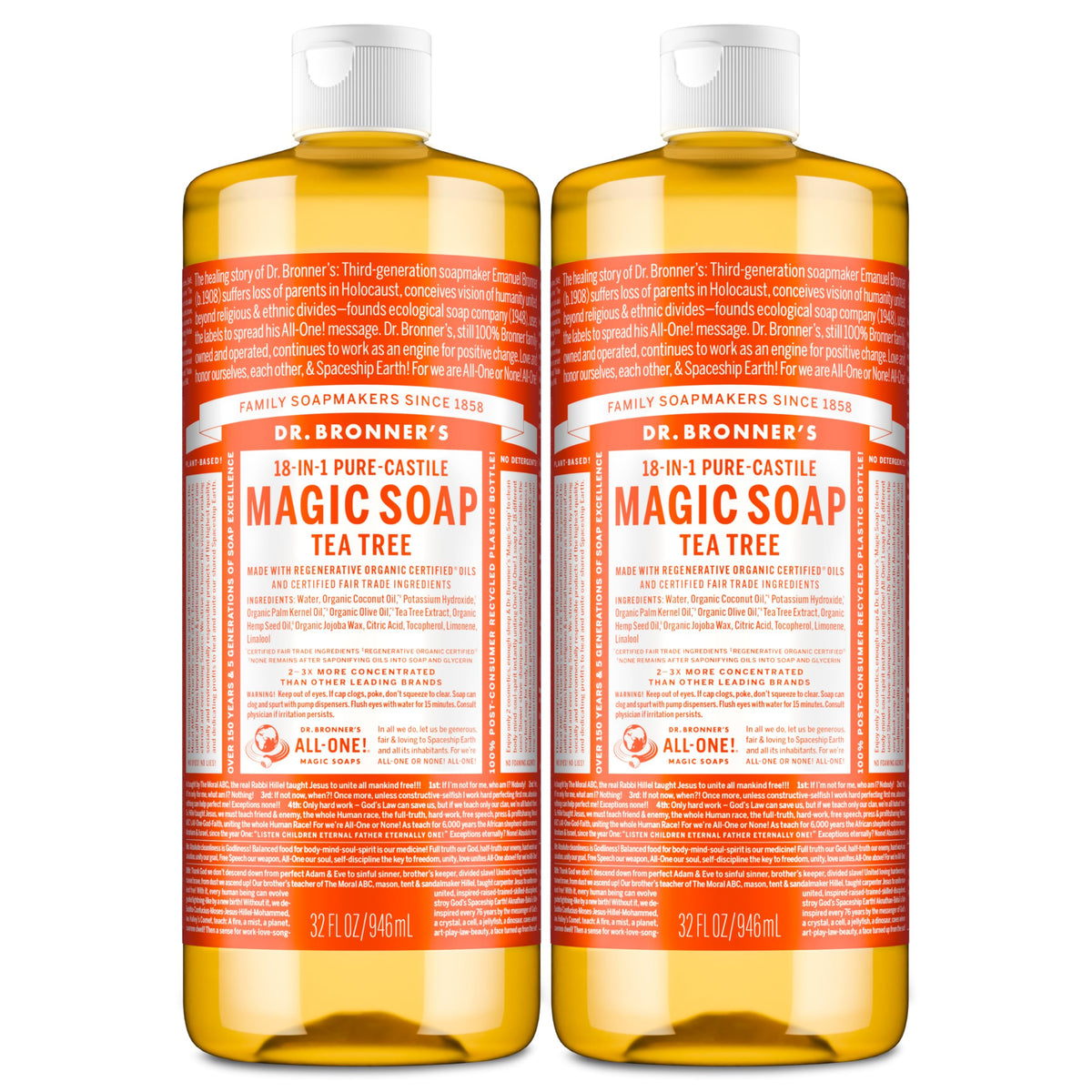 Dr. Bronner's Tea Tree liquid soap bottle closeup showing concentrated cleansing power.