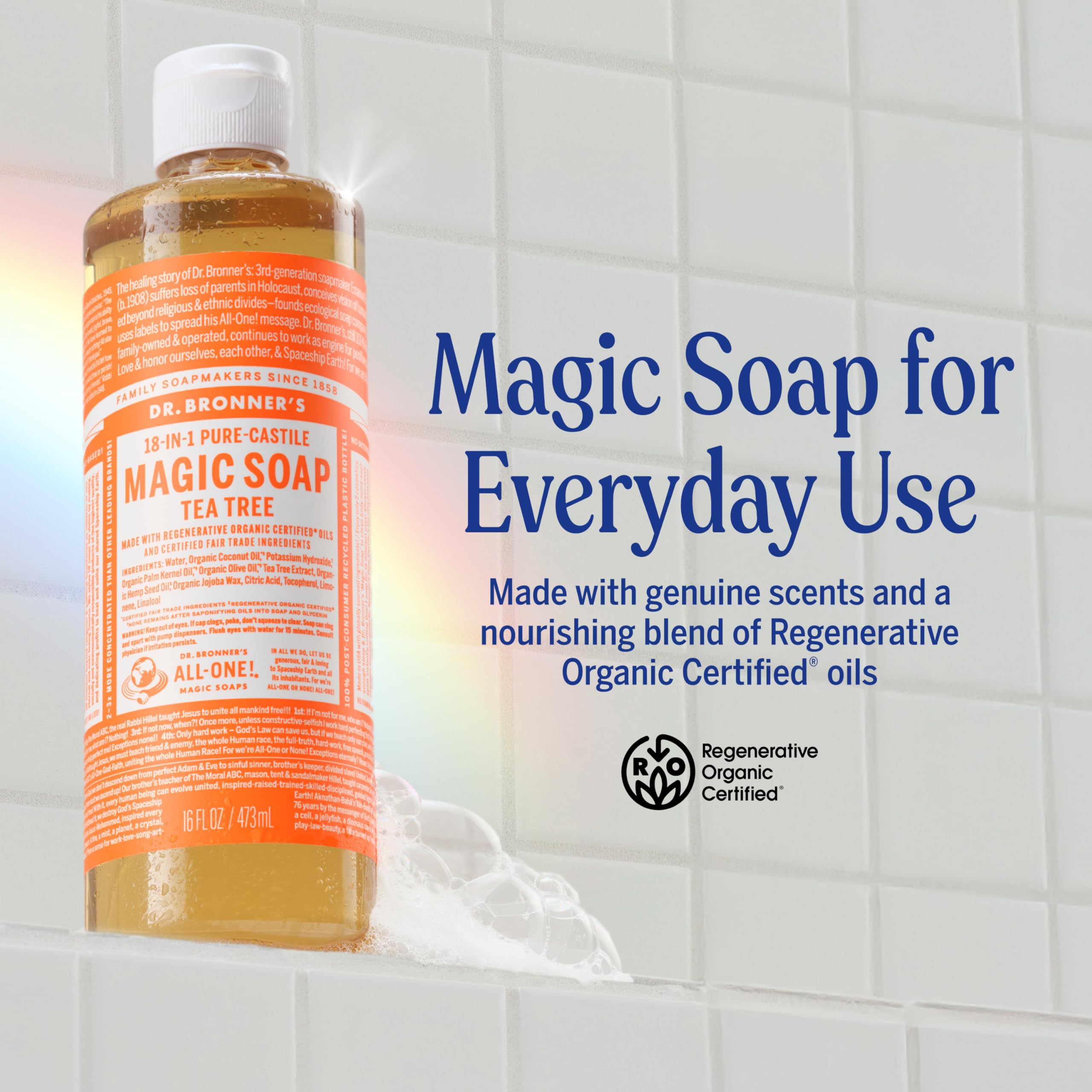Dr. Bronner's Tea Tree soap lather in hand demonstrating rich foam for cleansing.