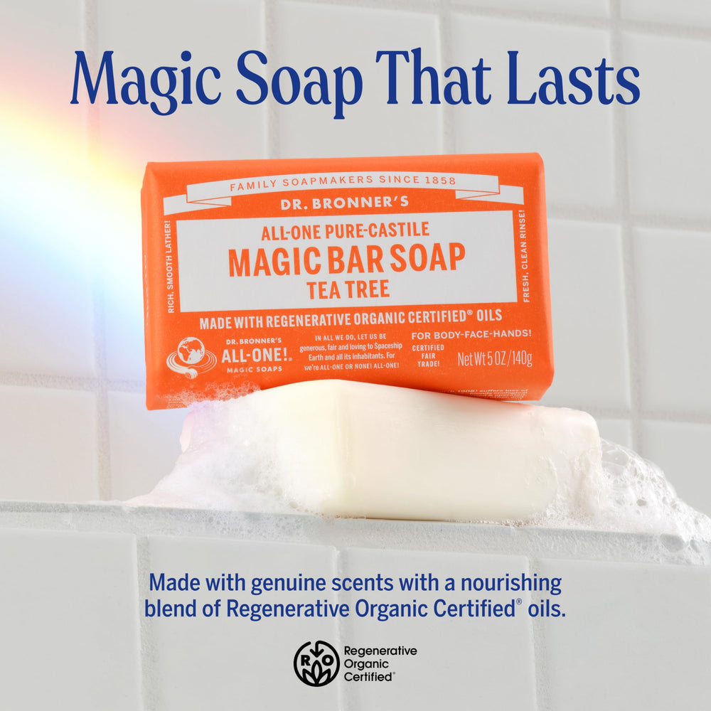 Dr. Bronner's Tea Tree Magic Bar cleanses face, body, and hair gently.