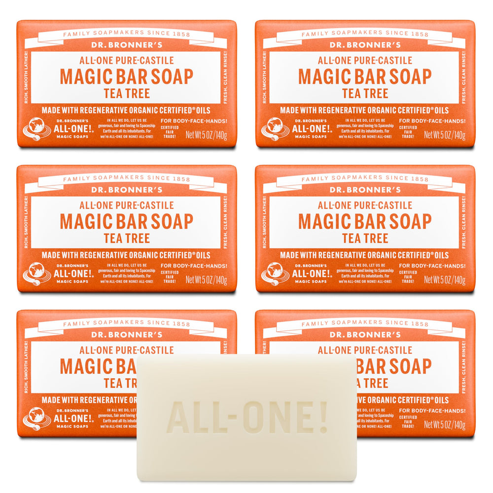 Dr. Bronner's Tea Tree Magic Bar lathers richly for refreshed skin.