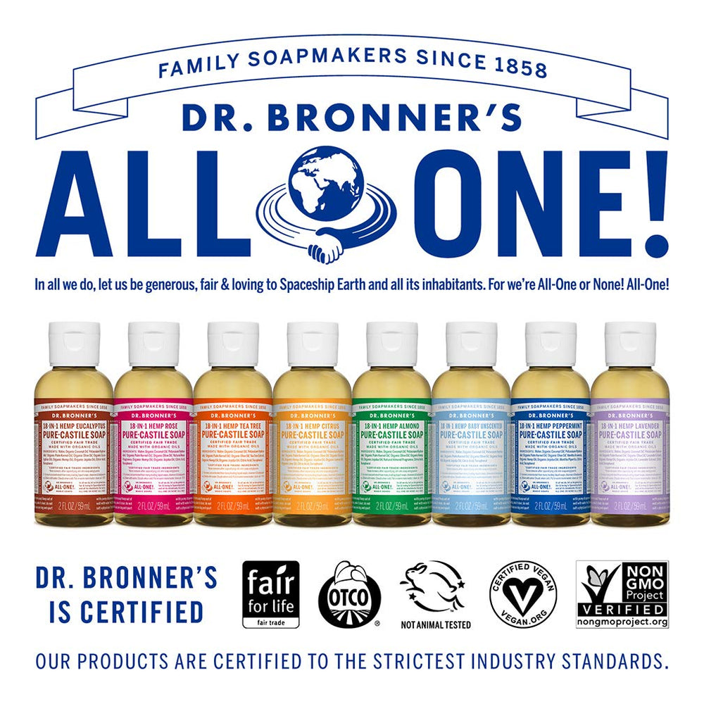 Dr. Bronner’s usos múltiples para cara, cuerpo y hogar.