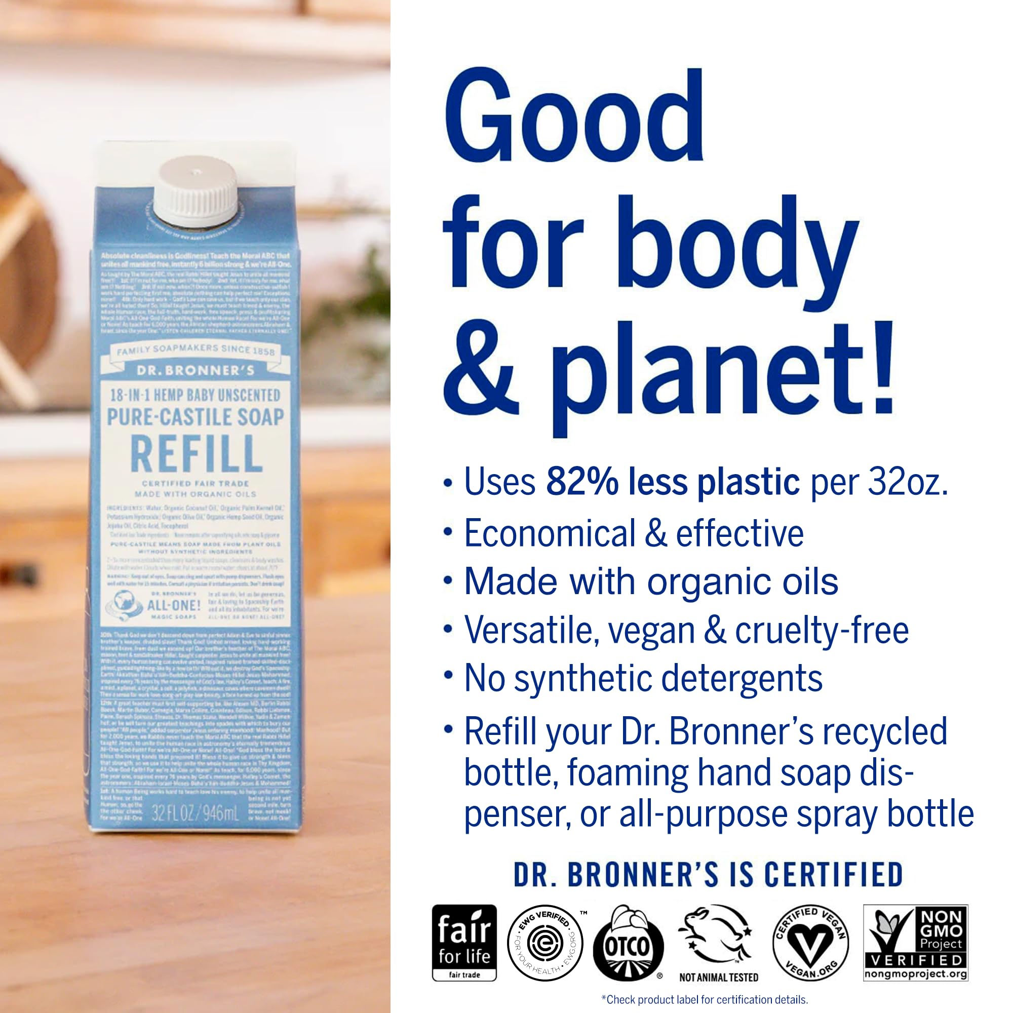 Dr. Bronner's usos múltiples del jabón líquido para rostro, cuerpo y manos.