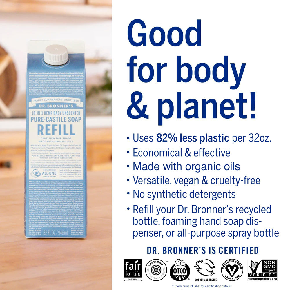 Dr. Bronner's usos múltiples del jabón líquido para rostro, cuerpo y manos.