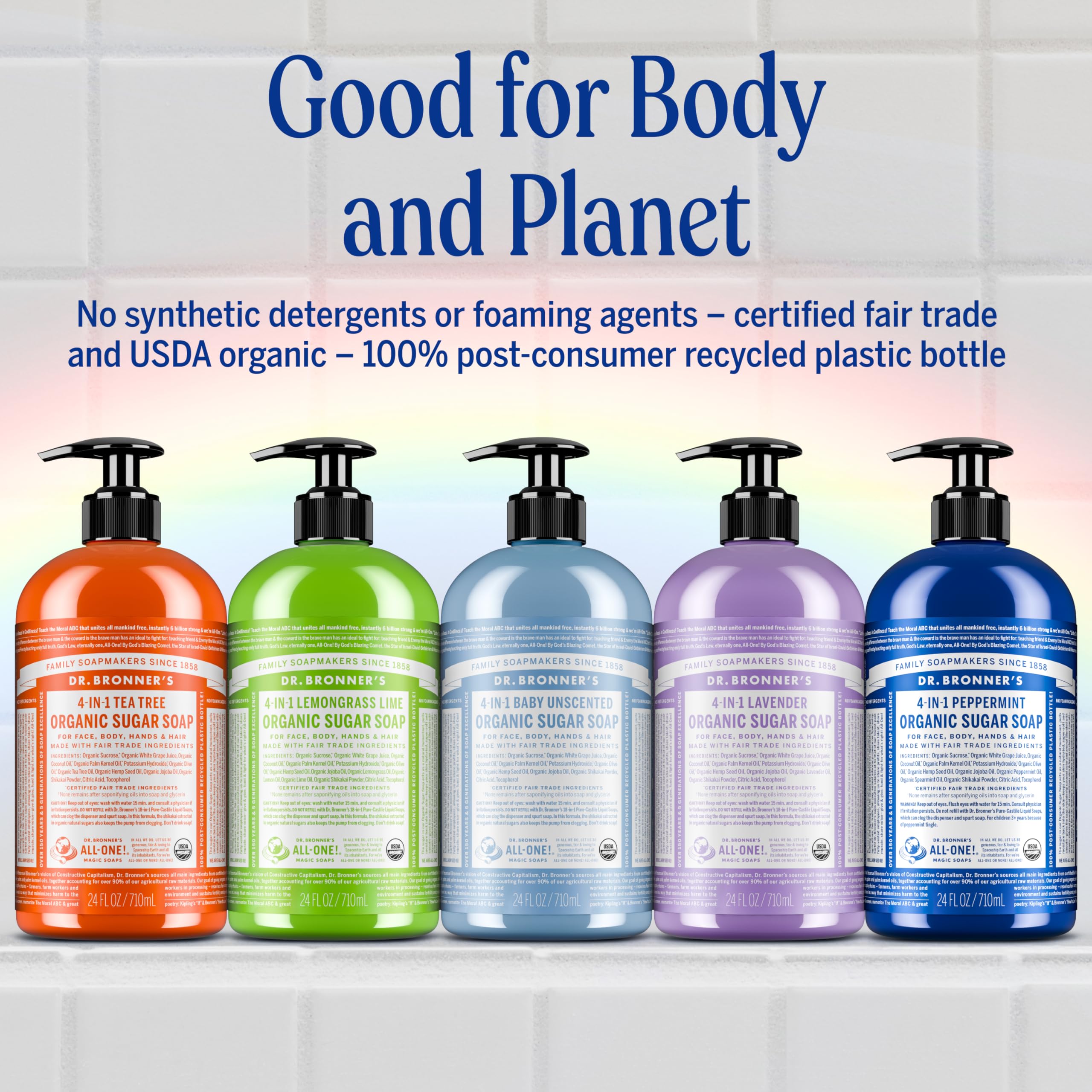 Dr. Bronner's usos múltiples: manos, cuerpo, rostro y cabello.