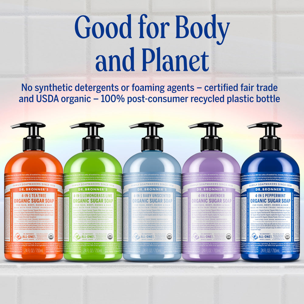 Dr. Bronner's usos múltiples: manos, cuerpo, rostro y cabello.