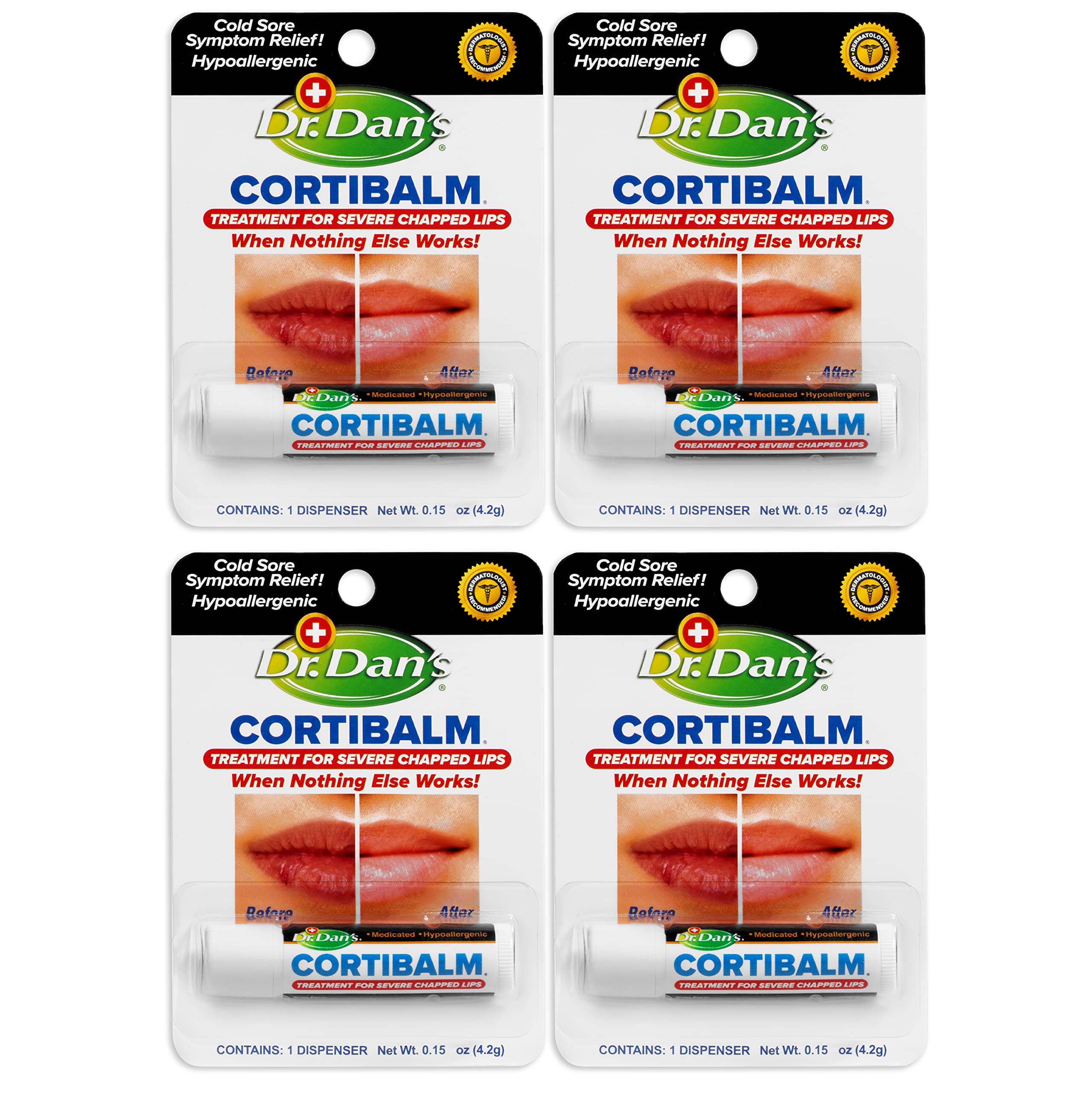 Dr. Dan's Cortibalm 4-pack box front illustrating a lip relief kit