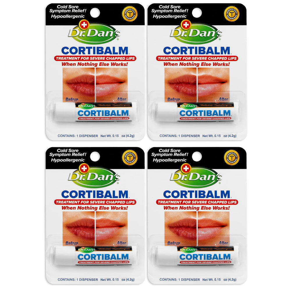 Dr. Dan's Cortibalm 4-pack box front illustrating a lip relief kit