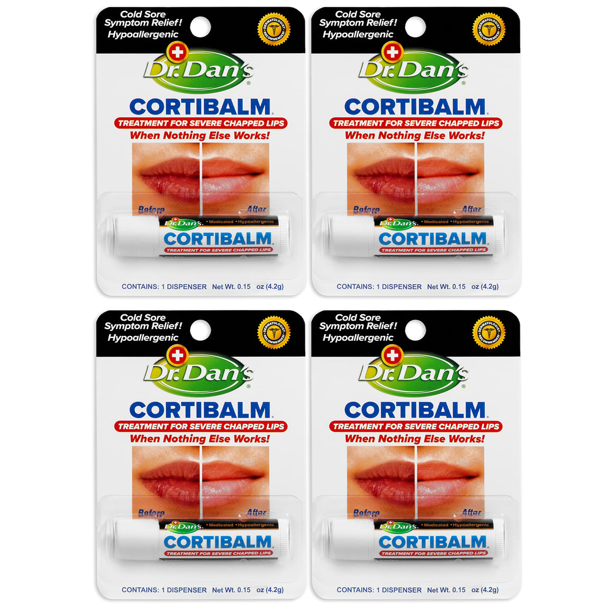 Dr. Dan's Cortibalm 4-pack box front illustrating a lip relief kit