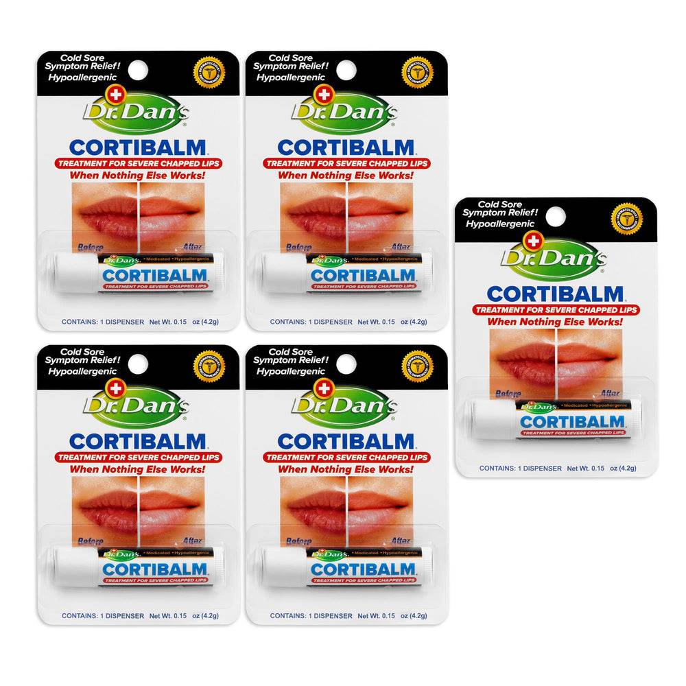Dr. Dan's Cortibalm 5-pack front view; portable lip care for on-the-go relief.