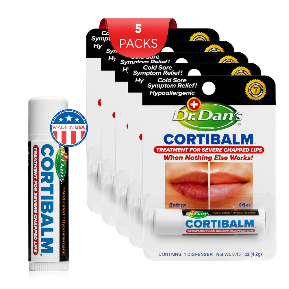 Dr. Dan's Cortibalm 5-pack lip therapy use; moisturizes and protects lips.