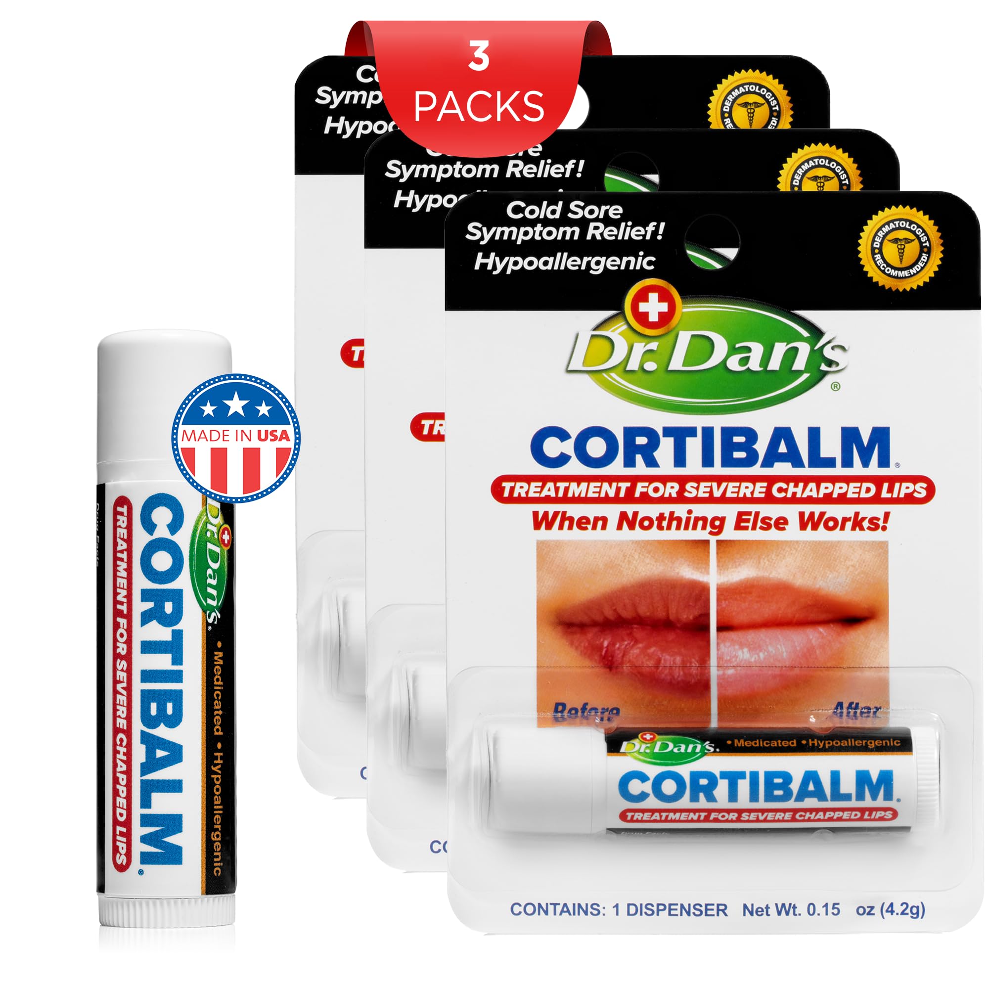 Aplicador Cortibalm en labios, alivio suave y rápido.