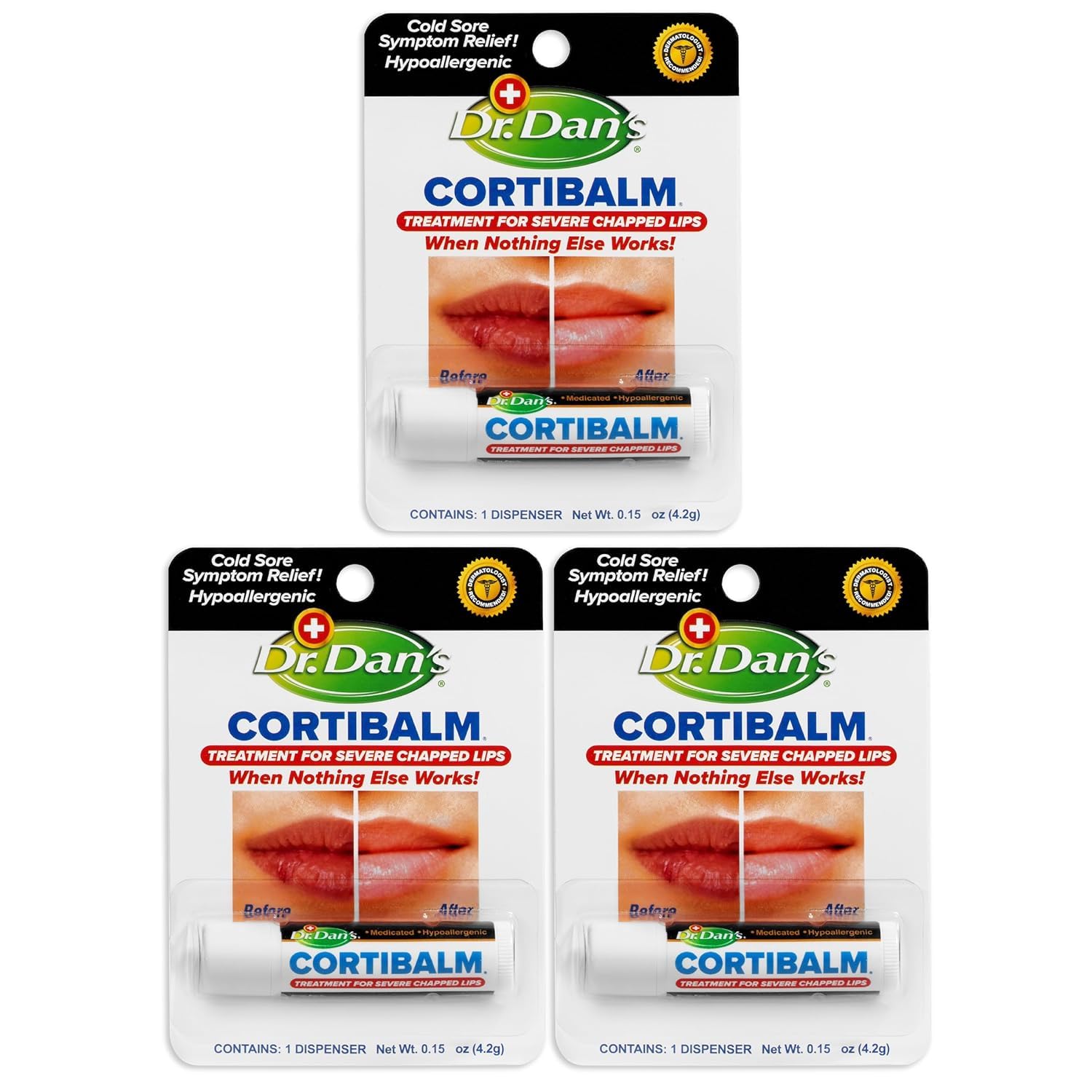 Bálsamo Cortibalm de Dr. Dan's, paquete de 3 tubitos para uso diario.