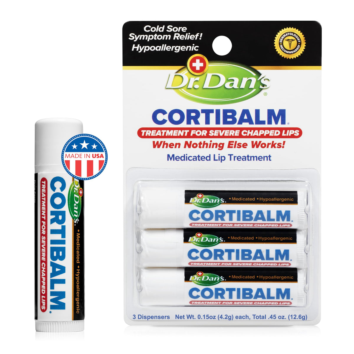 Dr. Dan's Cortibalm tube close-up for dry lips