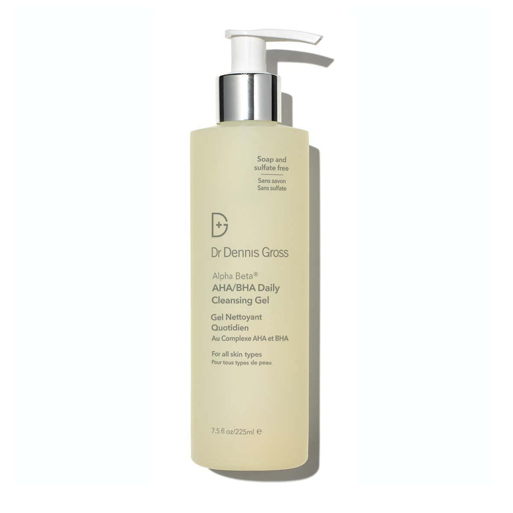 Dr Dennis Gross Alpha Beta Cleanser bottle pour for refreshing daily cleanse and makeup removal.