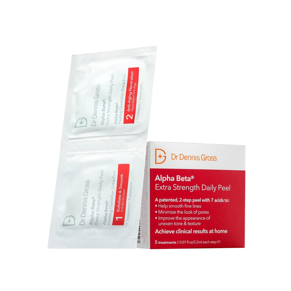 Dr. Dennis Gross Alpha Beta Daily Peel: caja y empaque, ideal para iniciar exfoliación suave.