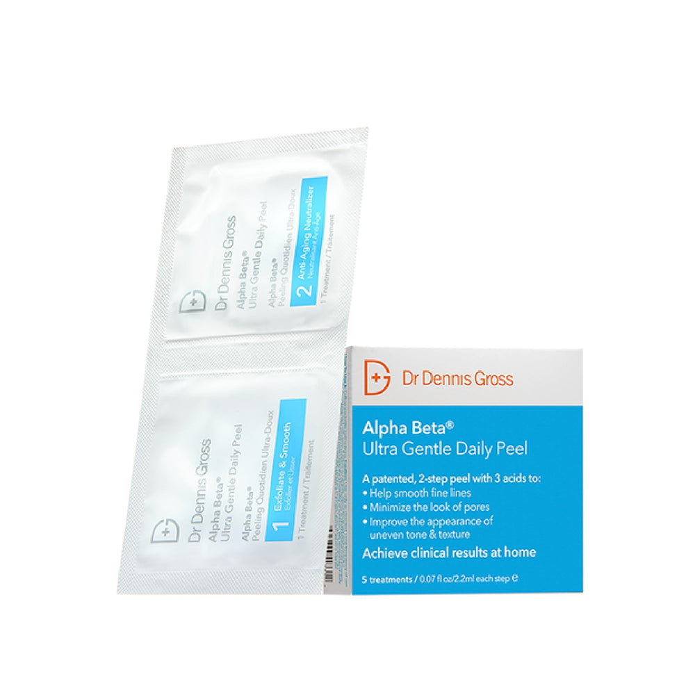 Dr. Dennis Gross Alpha Beta Ultra Gentle Daily Peel, botella de presentación, exfoliación suave para piel sensible.